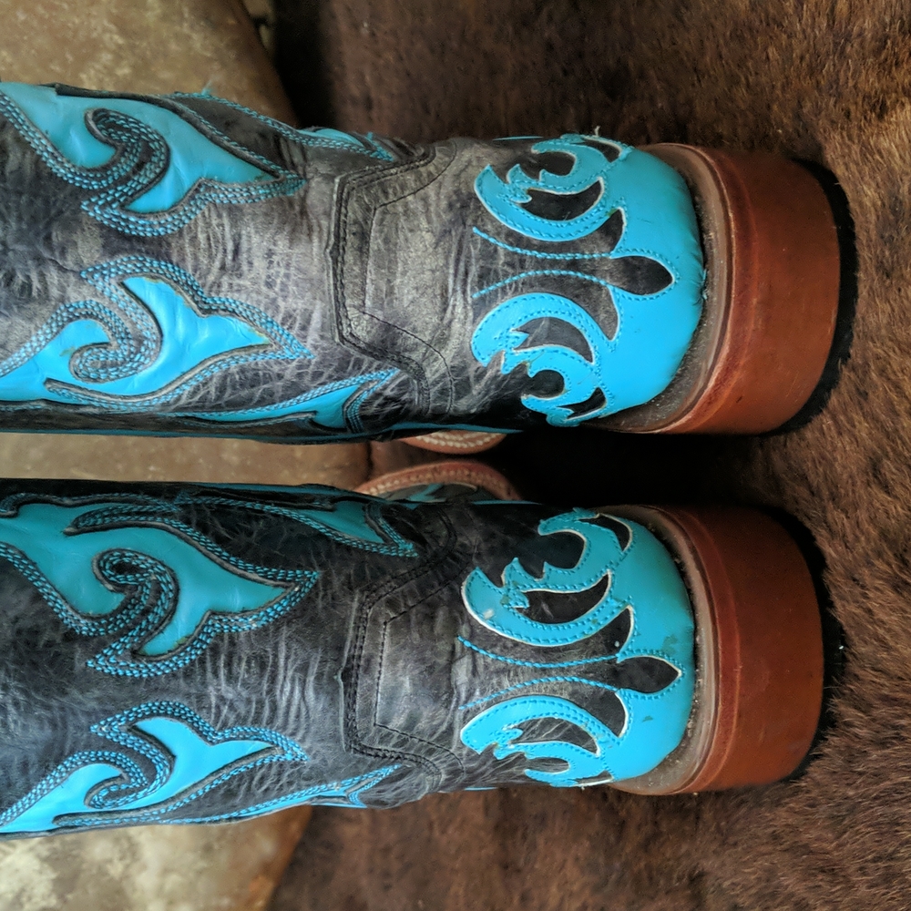 JOHNNY RINGO E1385 charcoal gray & turquoise wing tip boots square toe sz 6.5B - Picture 12 of 16